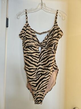 J. Crew Zebra-Print Twist Front One-Piece Swimsuit in Black and Tan